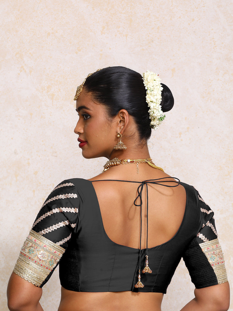 Manika x Tyohaar Saree Blouse, in Black Chandheri, featuring elbow sleeves and scoop neckline, made for party & festive.