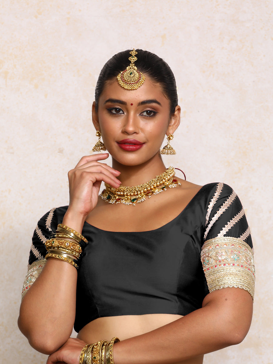 Manika x Tyohaar Saree Blouse, in Black Chandheri, featuring elbow sleeves and scoop neckline, made for party & festive.