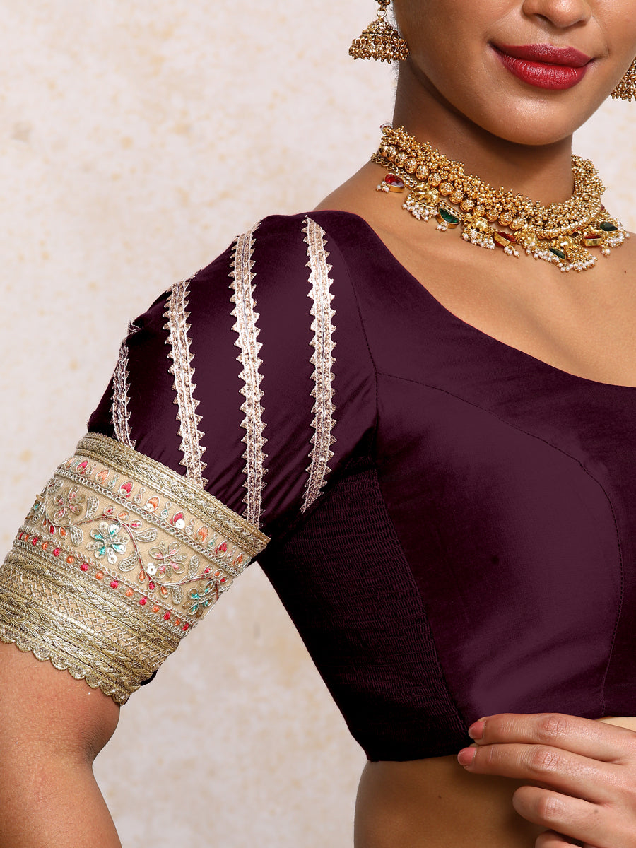 Manika x Tyohaar Saree Blouse, in Purple Chandheri, featuring elbow sleeves and scoop neckline, made for party & festive.