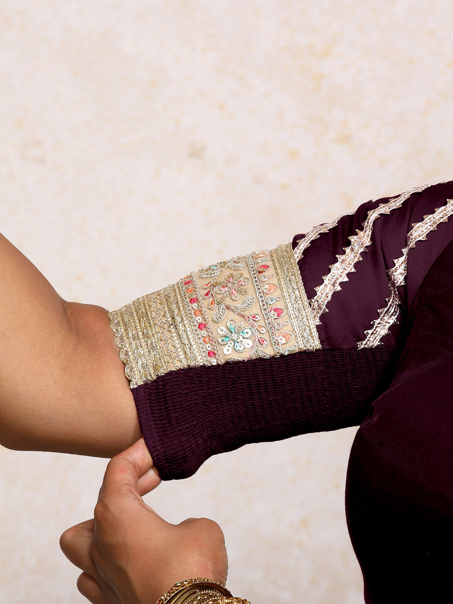 Manika x Tyohaar Saree Blouse, in Purple Chandheri, featuring elbow sleeves and scoop neckline, made for party & festive.