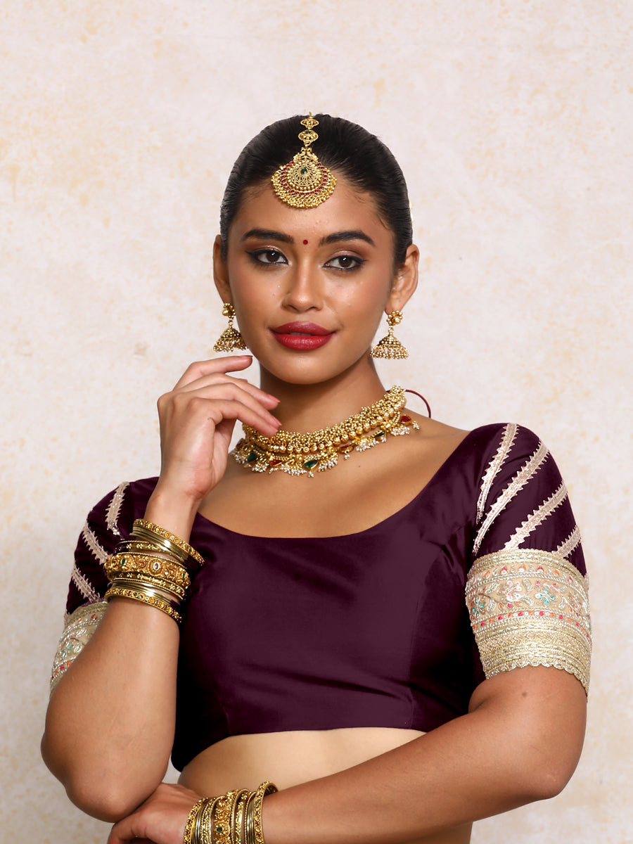 Manika x Tyohaar Saree Blouse, in Purple Chandheri, featuring elbow sleeves and scoop neckline, made for party & festive.