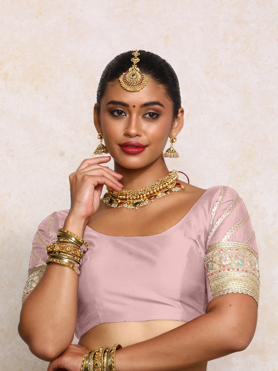 Manika x Tyohaar Saree Blouse, in Purple Chandheri, featuring elbow sleeves and scoop neckline, made for party & festive.