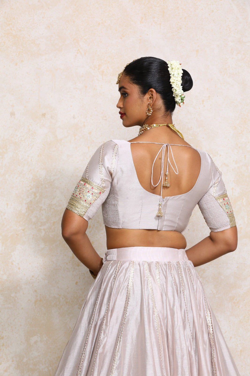 Manika x Tyohaar Saree Blouse, in Grey Chandheri, featuring elbow sleeves and scoop neckline, made for party & festive (view 2).