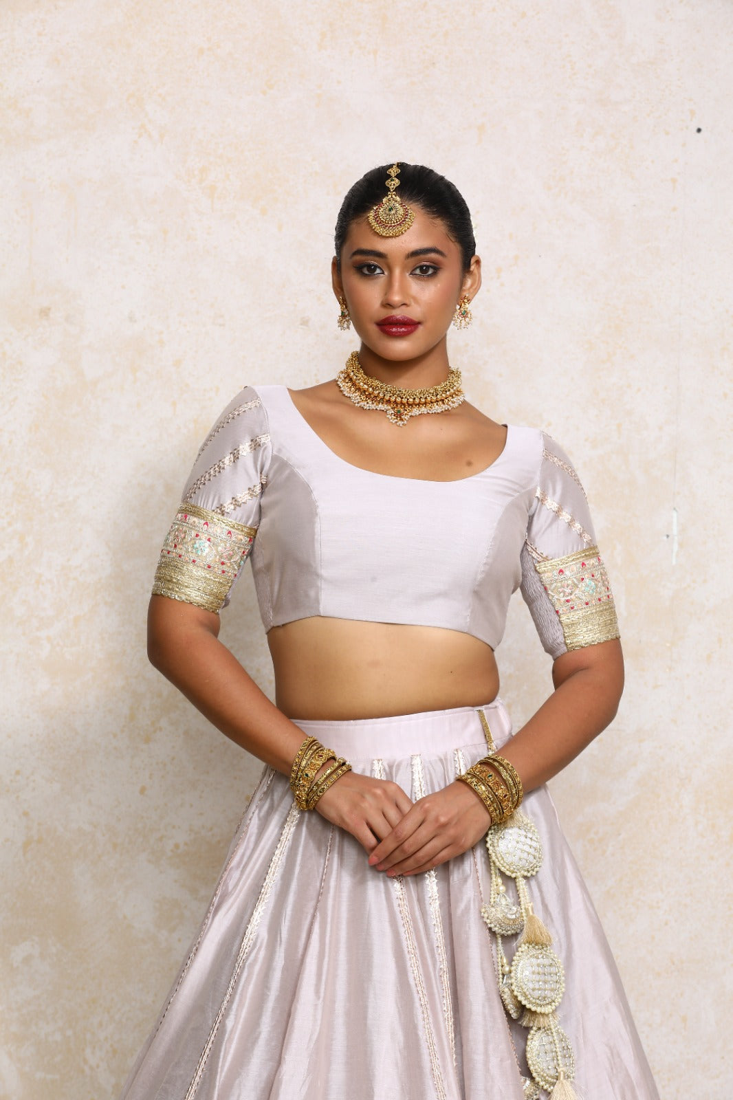 Manika x Tyohaar Saree Blouse, in Grey Chandheri, featuring elbow sleeves and scoop neckline, made for party & festive (view 5).
