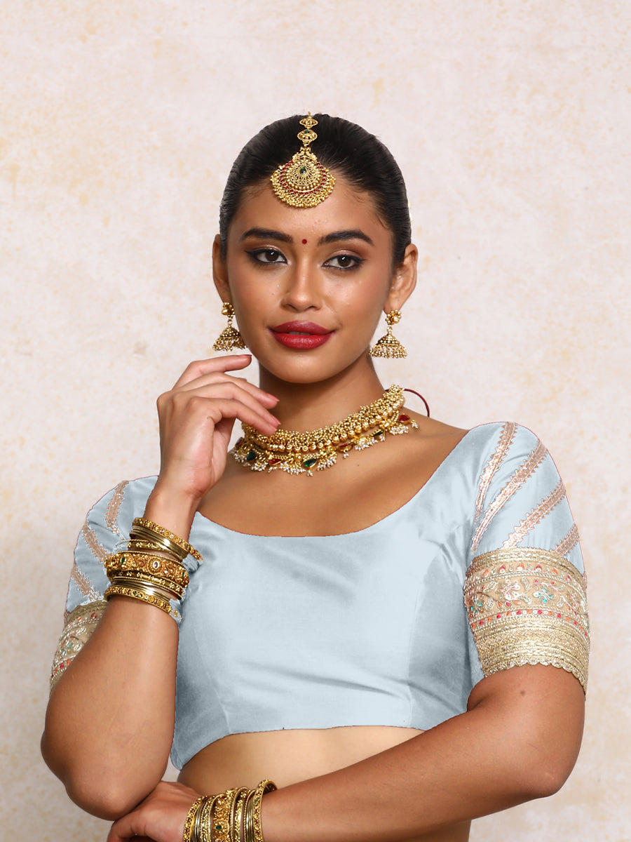 Manika x Tyohaar Saree Blouse, in Blue Chandheri, featuring elbow sleeves and scoop neckline, made for party & festive (view 5).