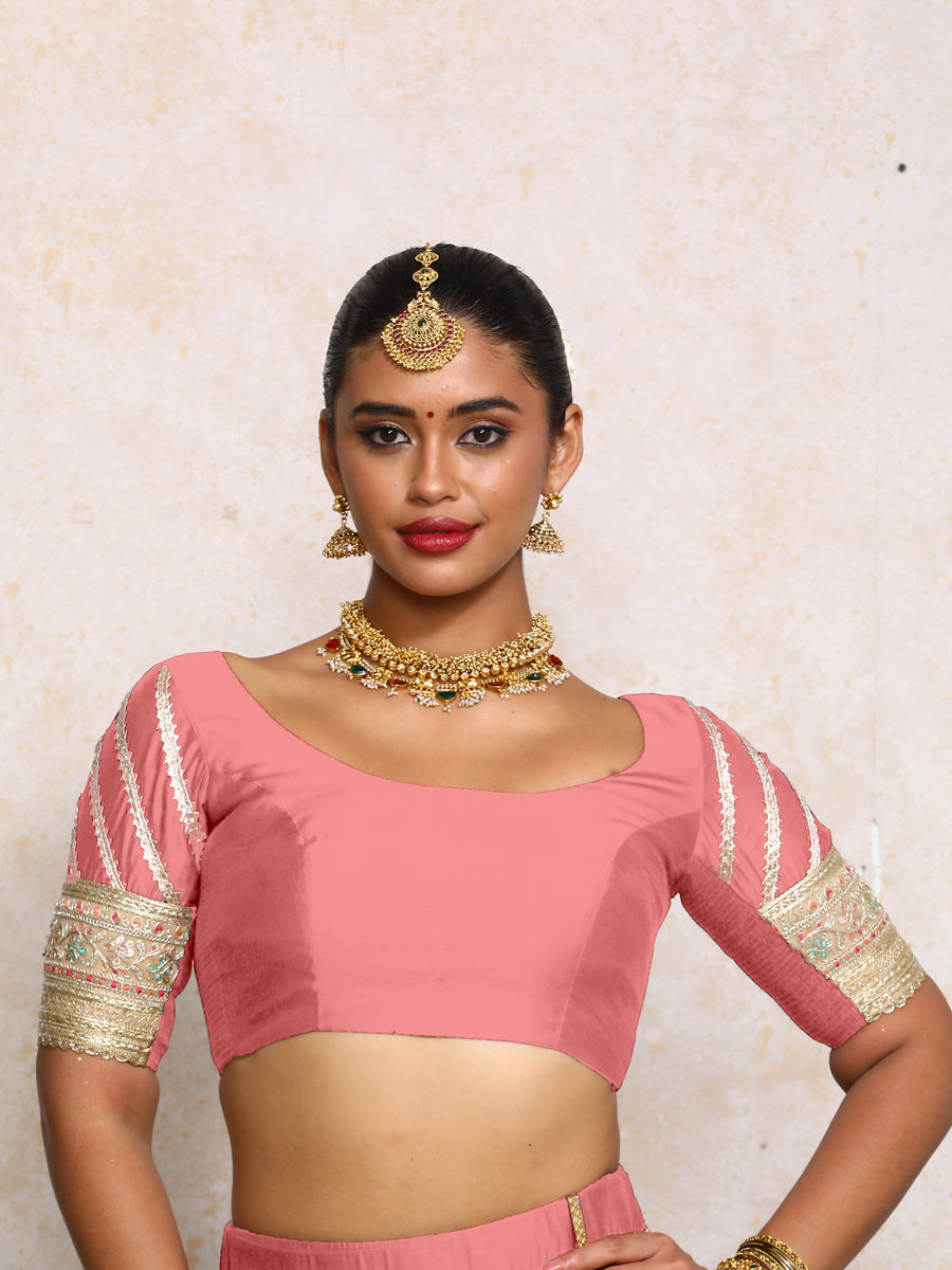 Manika x Tyohaar Saree Blouse, in Pink Chandheri, featuring elbow sleeves and scoop neckline, made for party & festive (view 5).