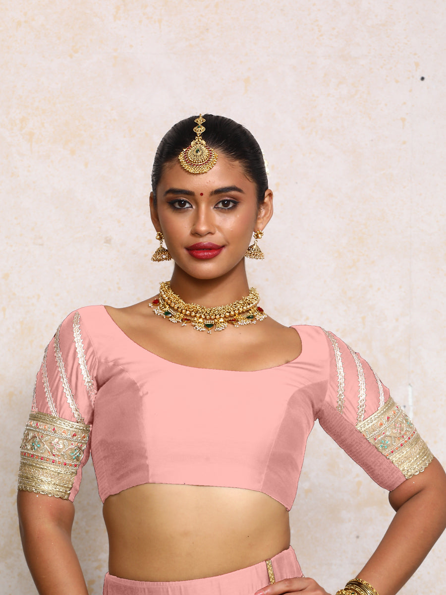 Manika x Tyohaar Saree Blouse, in Pink Chandheri, featuring elbow sleeves and scoop neckline, made for party & festive (view 5).