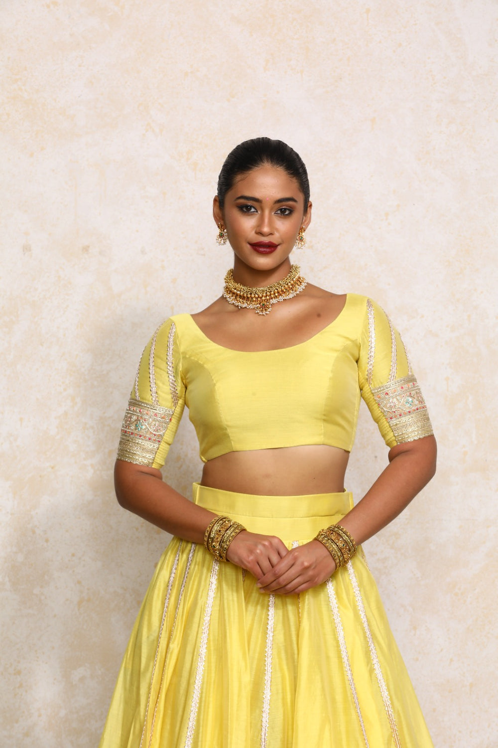 Manika x Tyohaar | Elbow Sleeves Sunny Yellow Plain Chandheri Saree Blouse