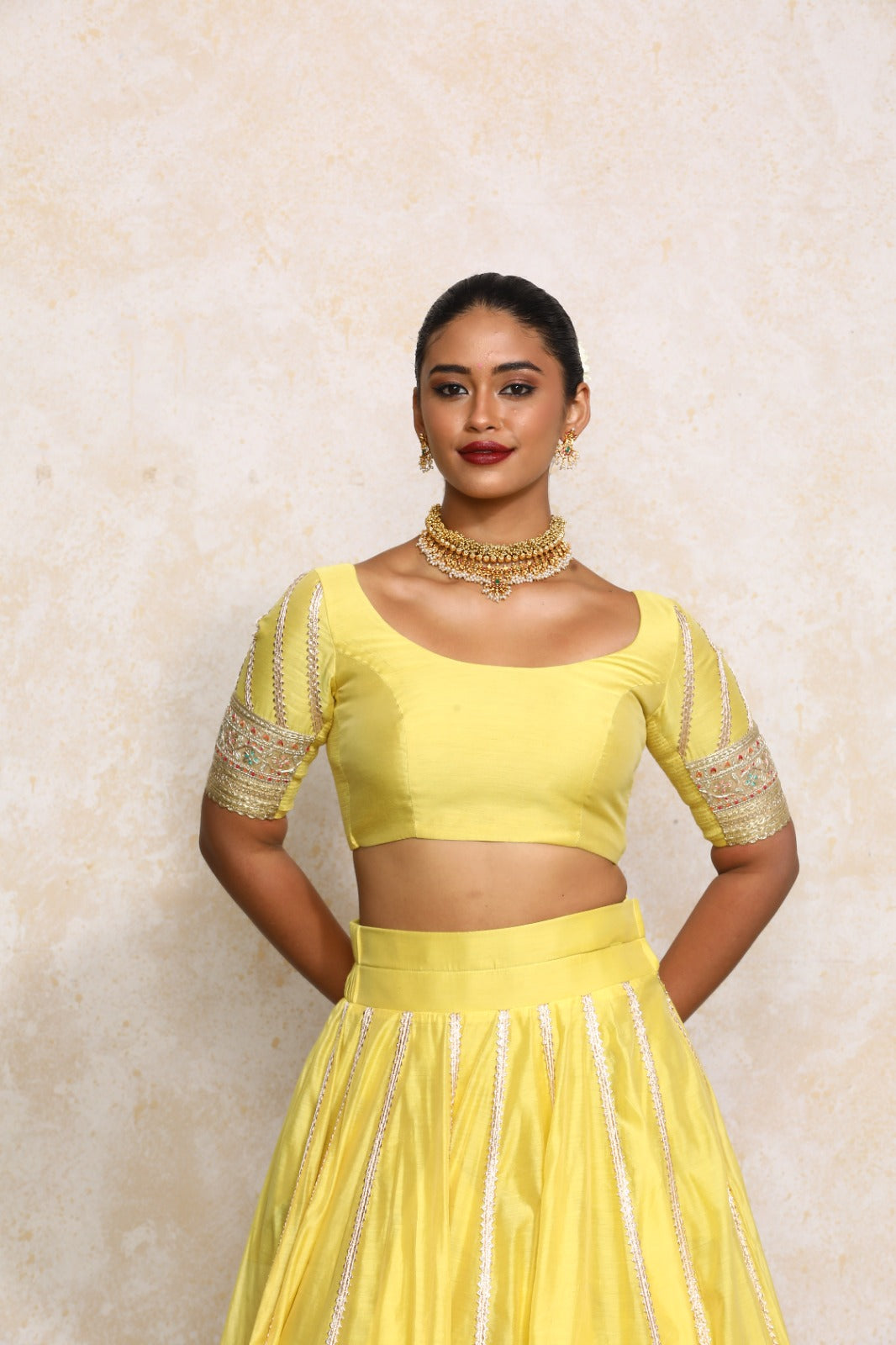 Manika x Tyohaar Saree Blouse, in Yellow Chandheri, featuring elbow sleeves and scoop neckline, made for party & festive.