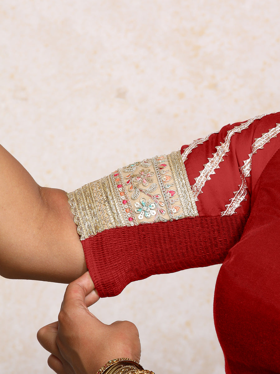 Manika x Tyohaar Saree Blouse, in Red Chandheri, featuring elbow sleeves and scoop neckline, made for party & festive (view 4).