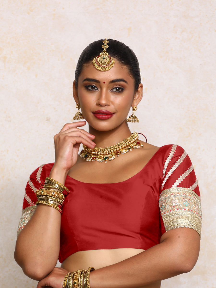 Manika x Tyohaar Saree Blouse, in Red Chandheri, featuring elbow sleeves and scoop neckline, made for party & festive (view 5).