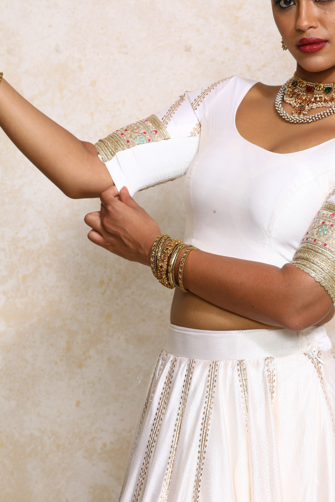 Manika x Tyohaar Saree Blouse, in White Chandheri, featuring elbow sleeves and scoop neckline, made for party & festive.