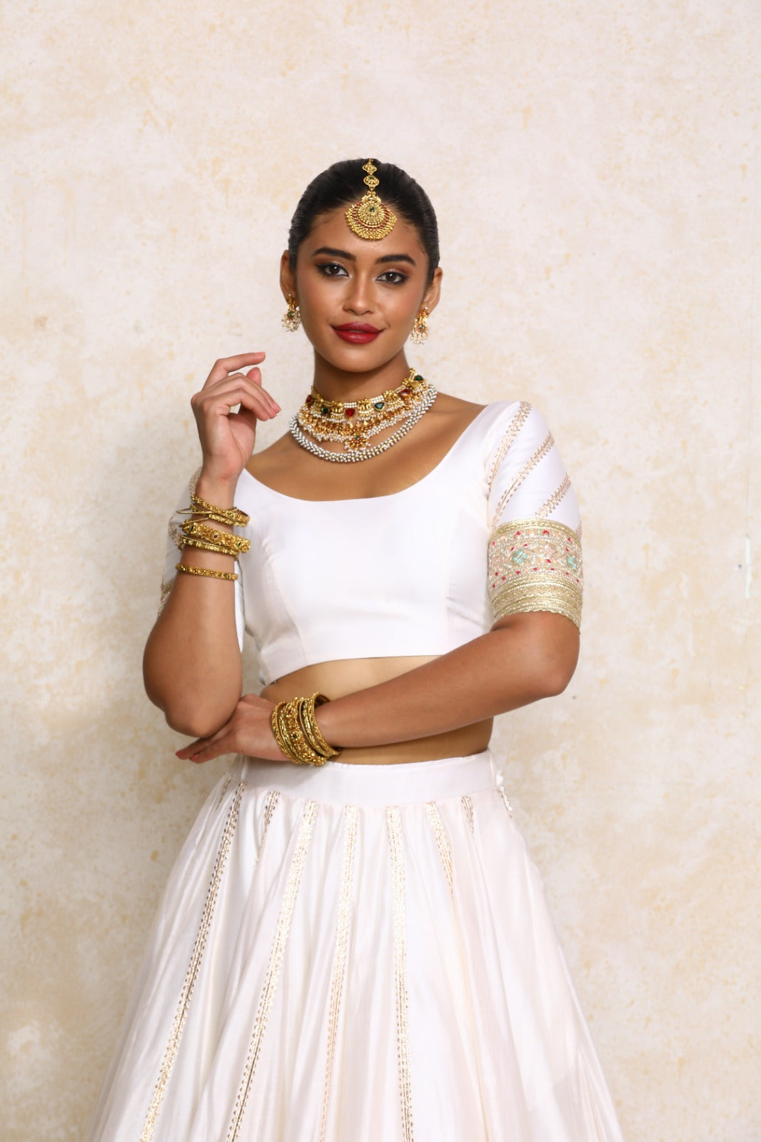 Manika x Tyohaar Saree Blouse, in White Chandheri, featuring elbow sleeves and scoop neckline, made for party & festive.