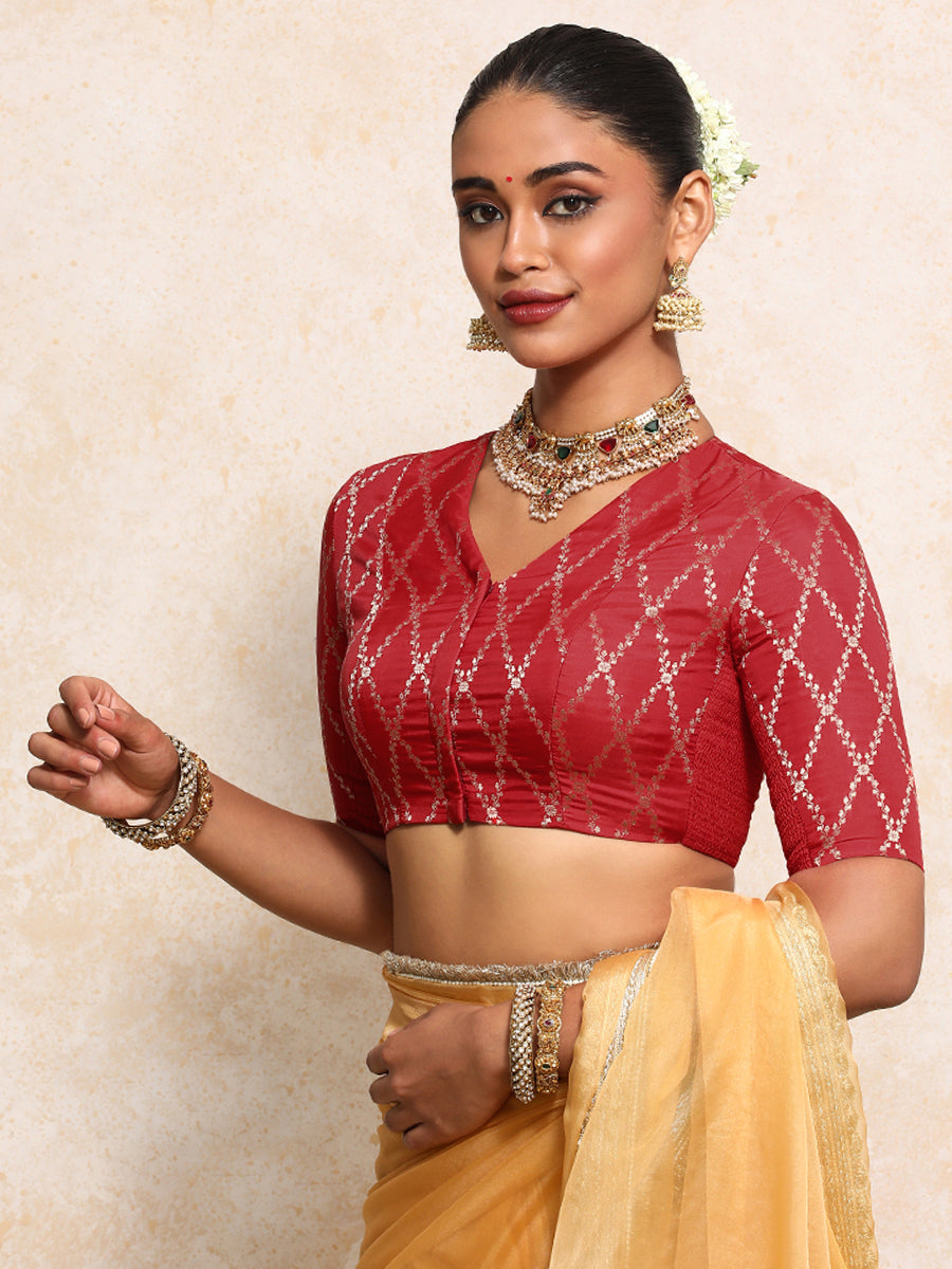 Manisha x Tyohaar Saree Blouse, in Red Viscose Silk Brocade, featuring elbow sleeves and v-neckline (view 6).