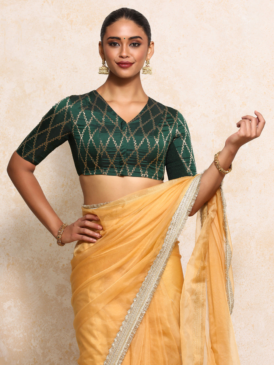 Manisha x Tyohaar Saree Blouse, in Green Viscose Silk Brocade, featuring elbow sleeves and v-neckline (view 5).
