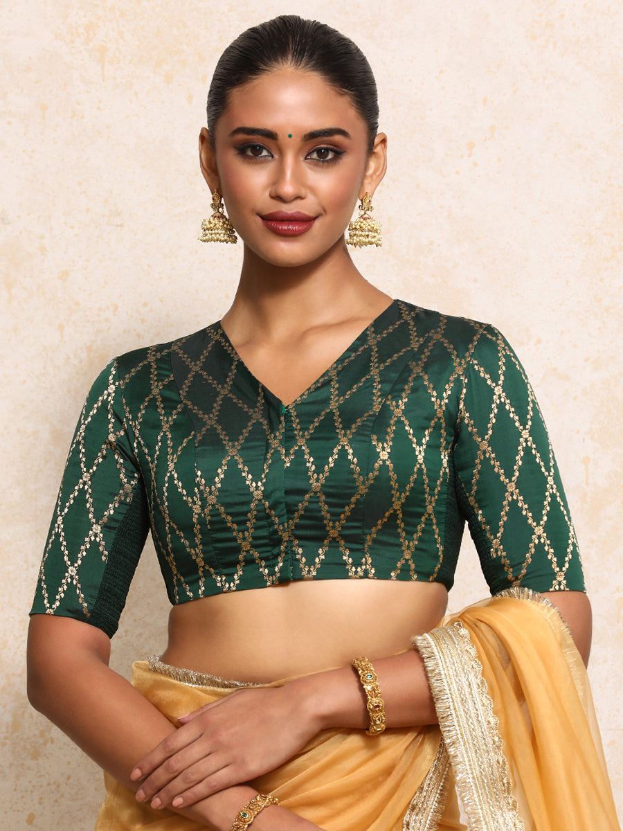 Manisha x Tyohaar Saree Blouse, in Green Viscose Silk Brocade, featuring elbow sleeves and v-neckline (view 6).