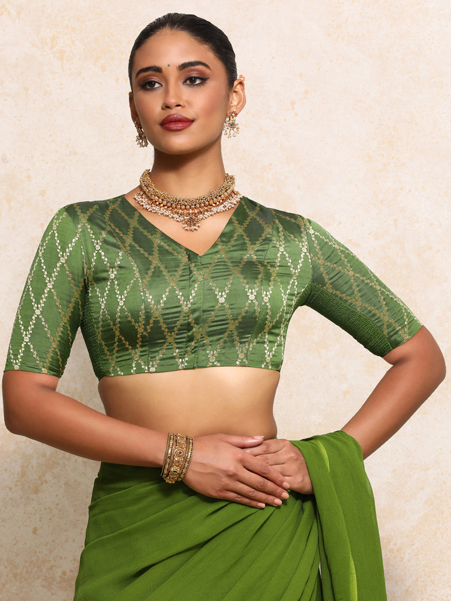 Manisha x Tyohaar Saree Blouse, in Green Viscose Silk Brocade, featuring elbow sleeves and v-neckline (view 5).