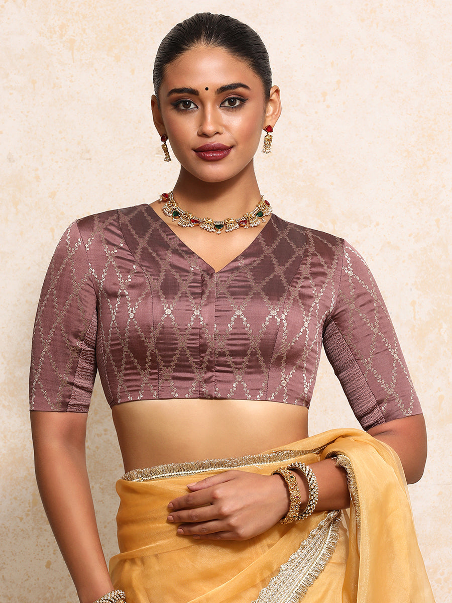 Manisha x Tyohaar Saree Blouse, in Pink Viscose Silk Brocade, featuring elbow sleeves and v-neckline (view 5).