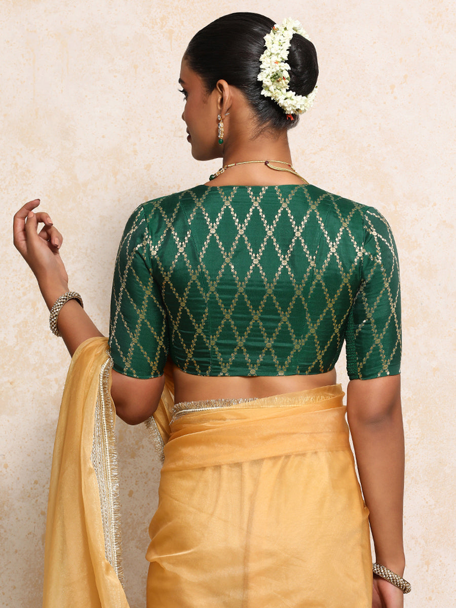Manisha x Tyohaar Saree Blouse, in Green Viscose Silk Brocade, featuring elbow sleeves and v-neckline (view 2).