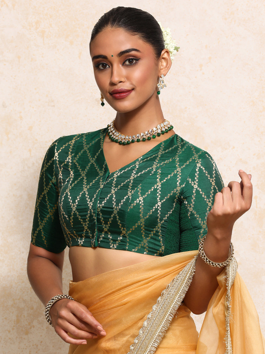 Manisha x Tyohaar Saree Blouse, in Green Viscose Silk Brocade, featuring elbow sleeves and v-neckline (view 6).