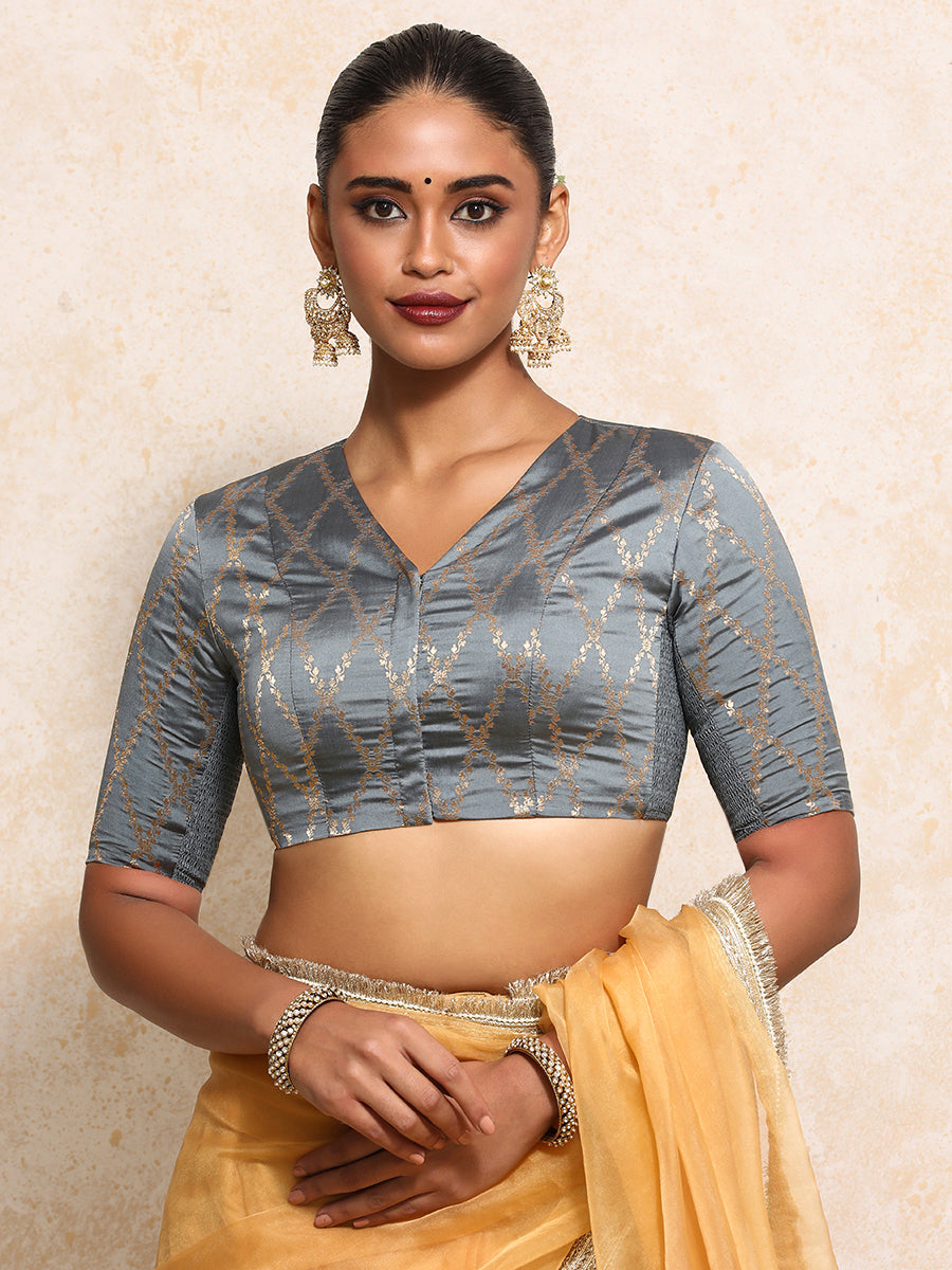 Manisha x Tyohaar Saree Blouse, in Grey Viscose Silk Brocade, featuring elbow sleeves and v-neckline (view 5).