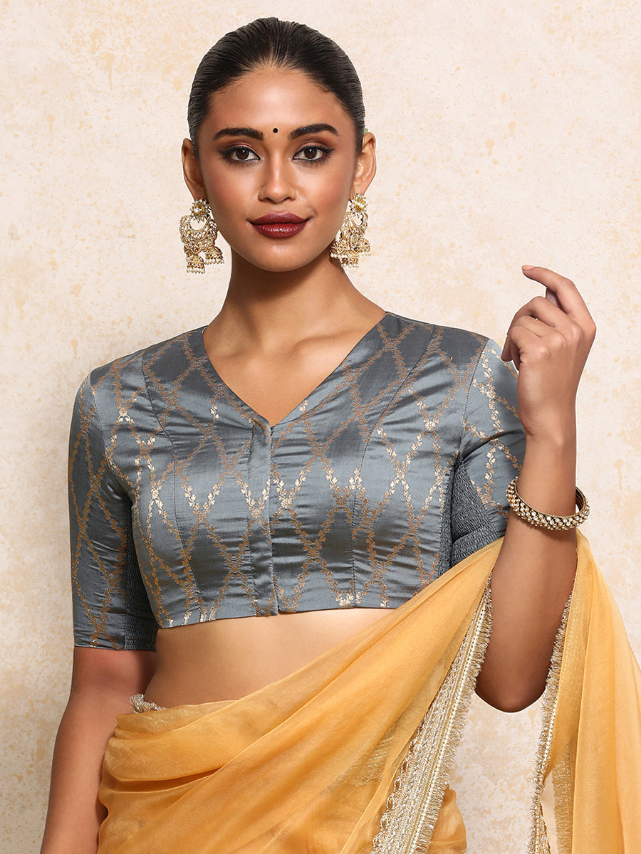 Manisha x Tyohaar Saree Blouse, in Grey Viscose Silk Brocade, featuring elbow sleeves and v-neckline (view 6).