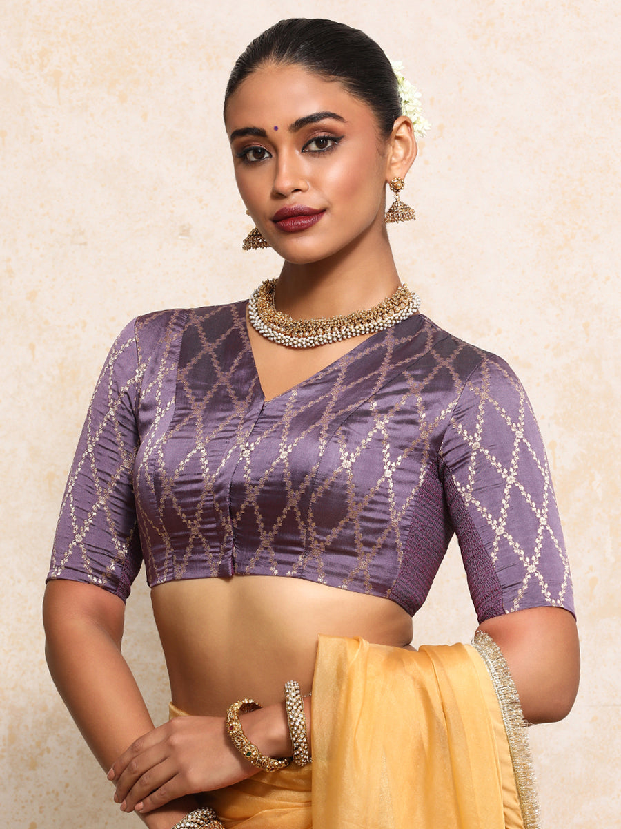 Manisha x Tyohaar Saree Blouse, in Purple Viscose Silk Brocade, featuring elbow sleeves and v-neckline.