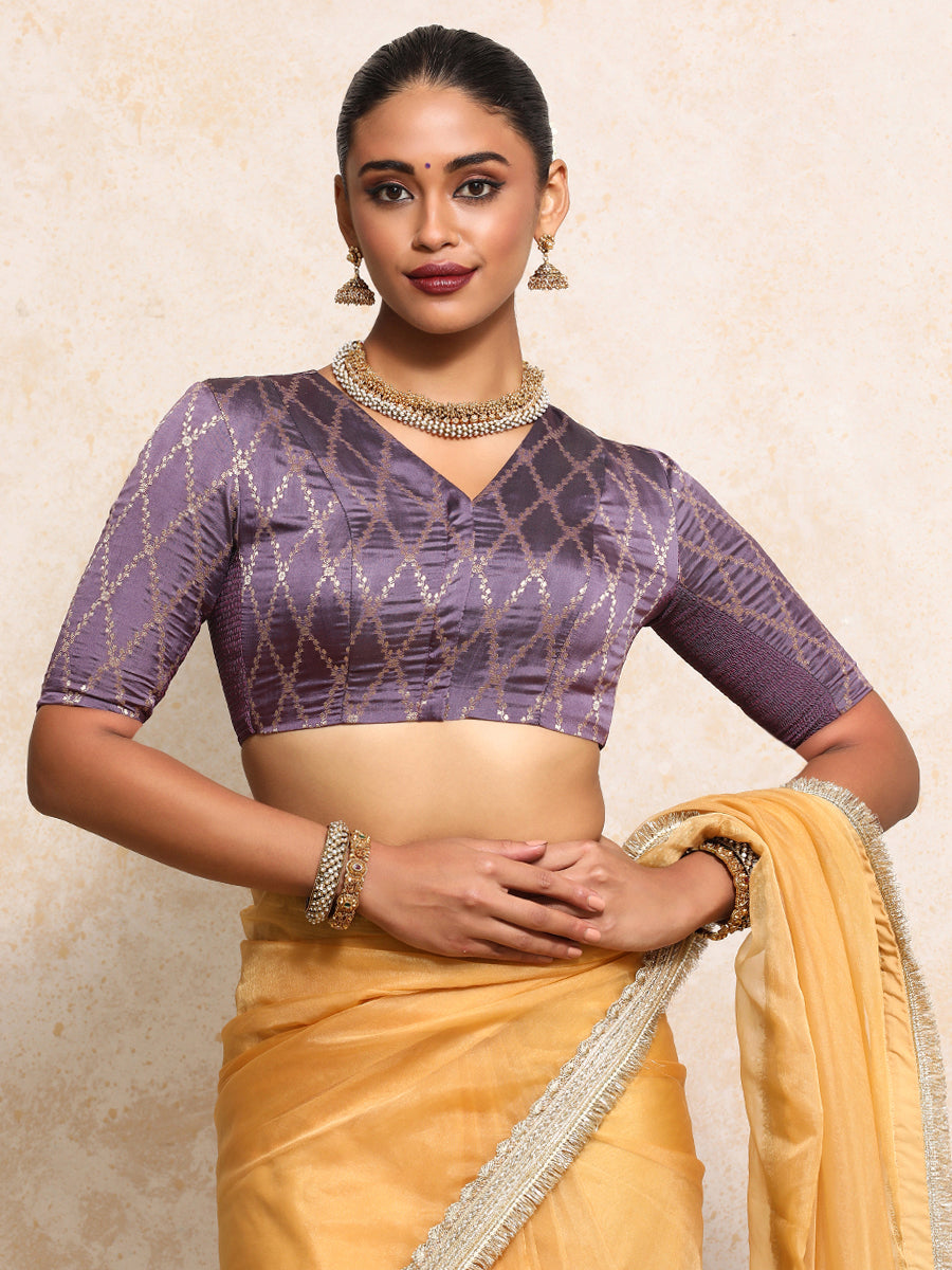 Manisha x Tyohaar Saree Blouse, in Purple Viscose Silk Brocade, featuring elbow sleeves and v-neckline (view 5).
