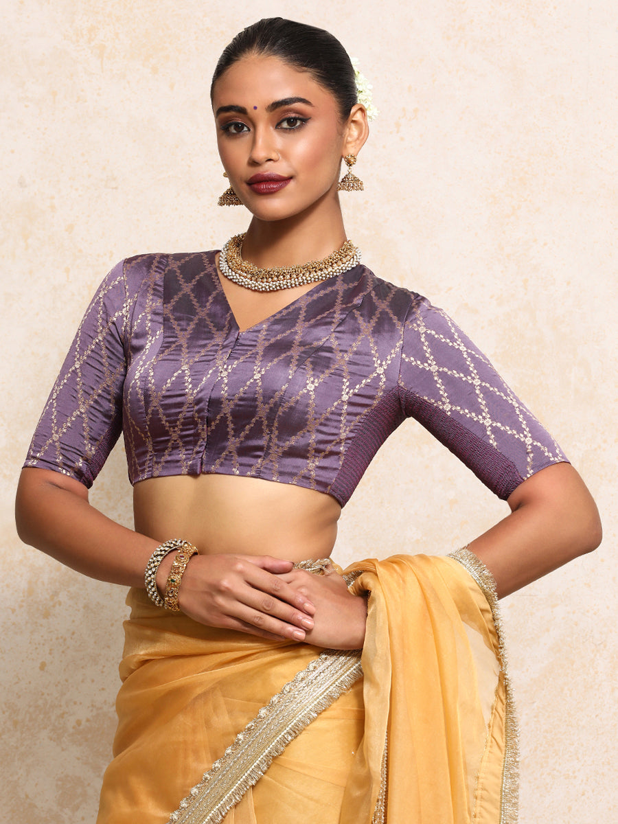 Manisha x Tyohaar Saree Blouse, in Purple Viscose Silk Brocade, featuring elbow sleeves and v-neckline (view 6).