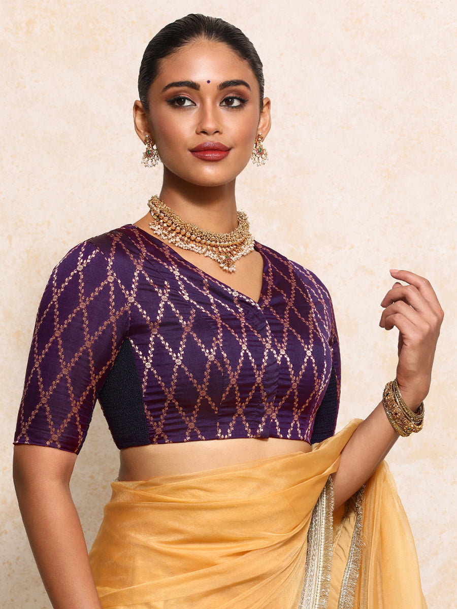 Manisha x Tyohaar | Elbow Sleeves Saree Blouse in Orchid Plum Vine Mesh Brocade