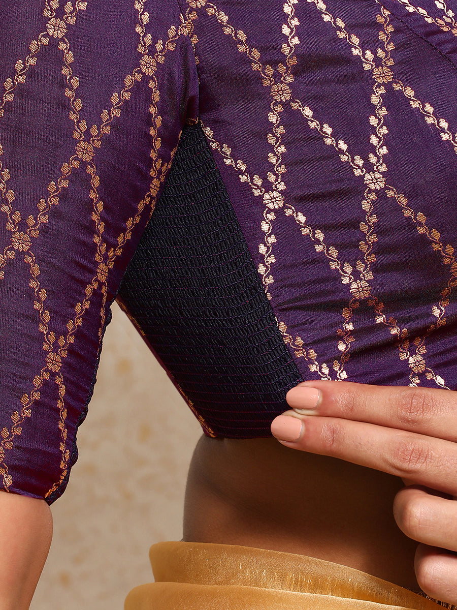 Manisha x Tyohaar Saree Blouse, in Purple Viscose Silk Brocade, featuring elbow sleeves and v-neckline (view 3).