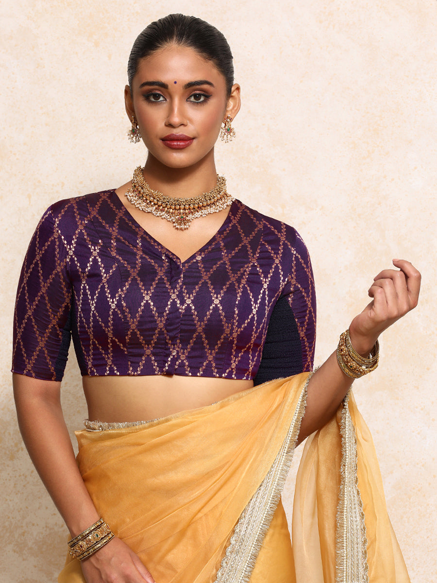 Manisha x Tyohaar Saree Blouse, in Purple Viscose Silk Brocade, featuring elbow sleeves and v-neckline (view 5).