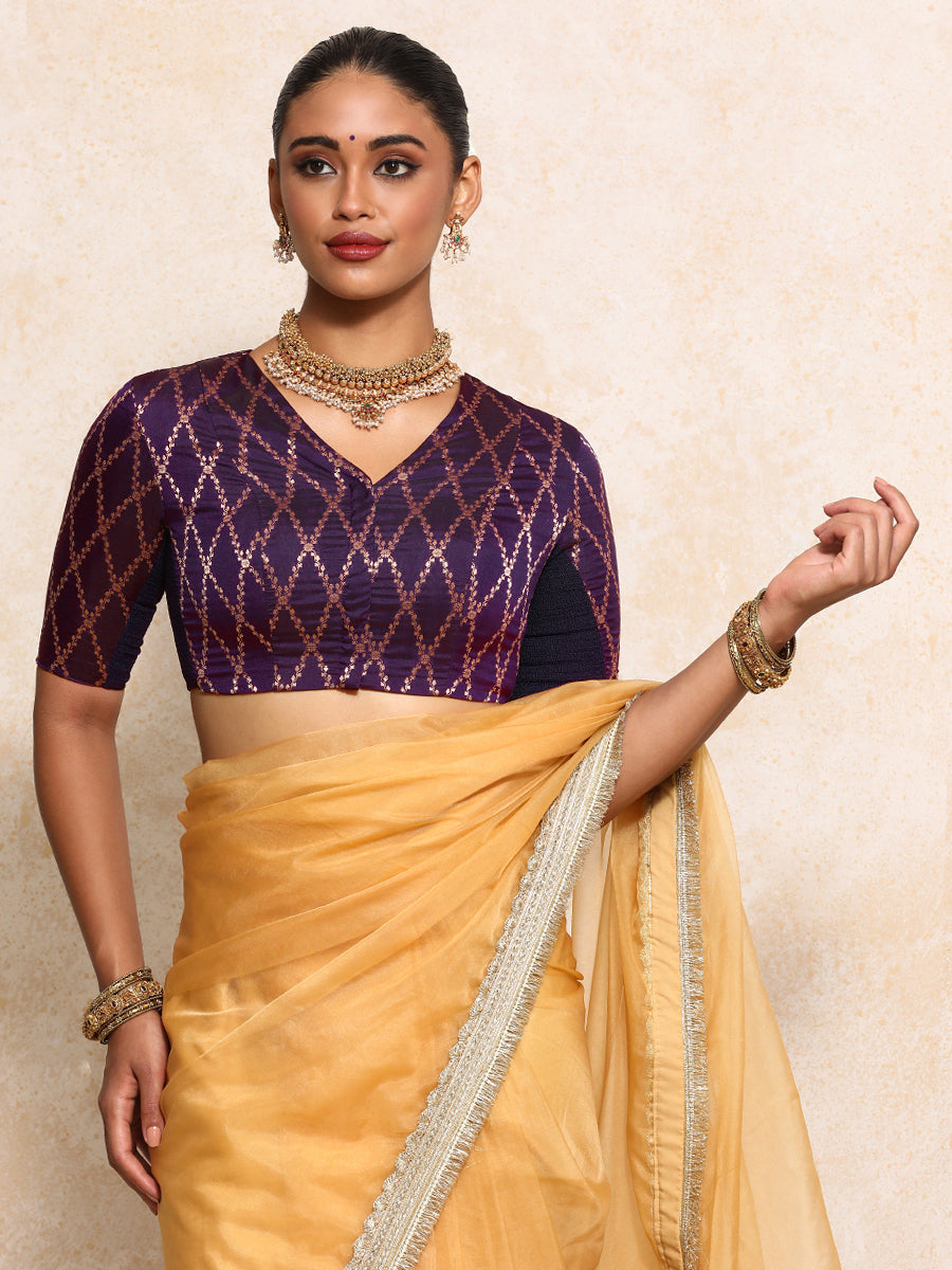 Manisha x Tyohaar Saree Blouse, in Purple Viscose Silk Brocade, featuring elbow sleeves and v-neckline (view 7).