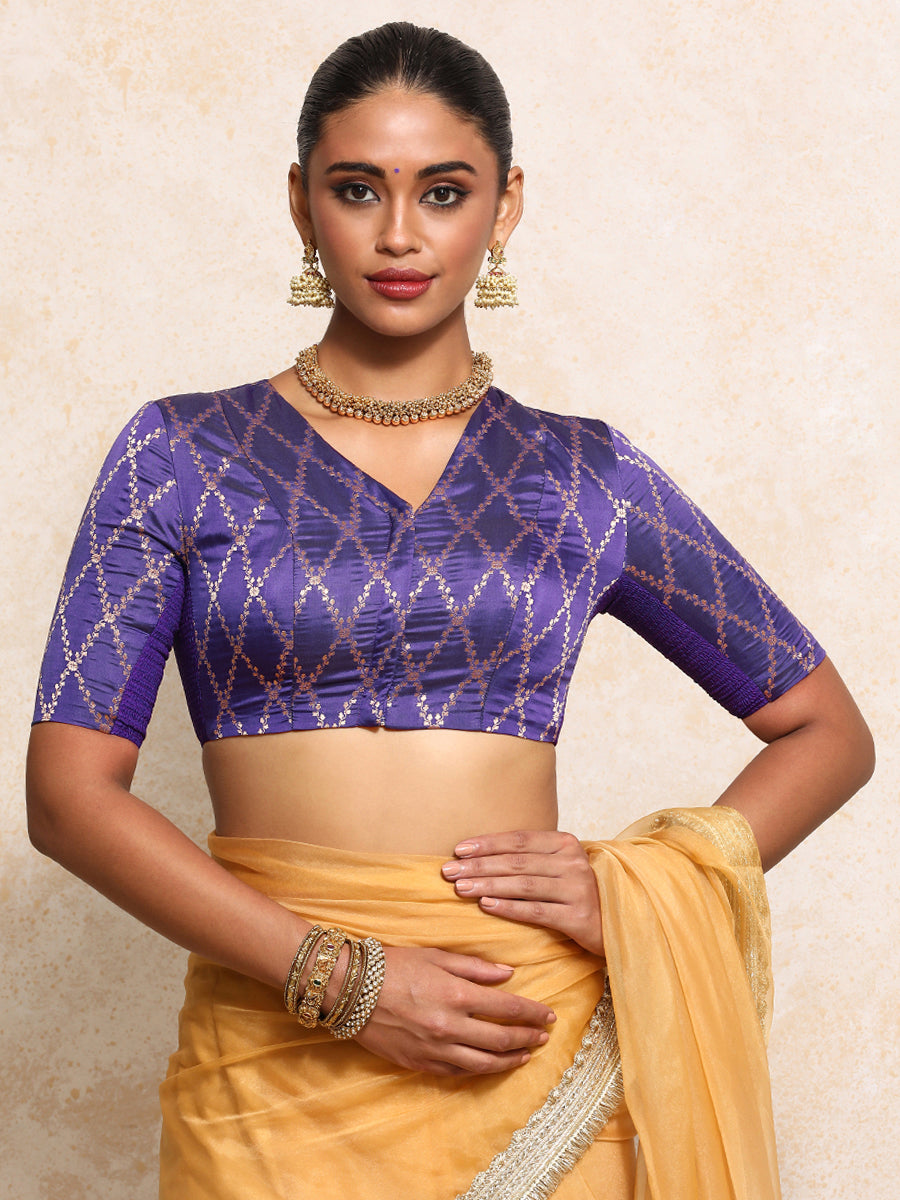 Manisha x Tyohaar Saree Blouse, in Purple Viscose Silk Brocade, featuring elbow sleeves and v-neckline (view 5).