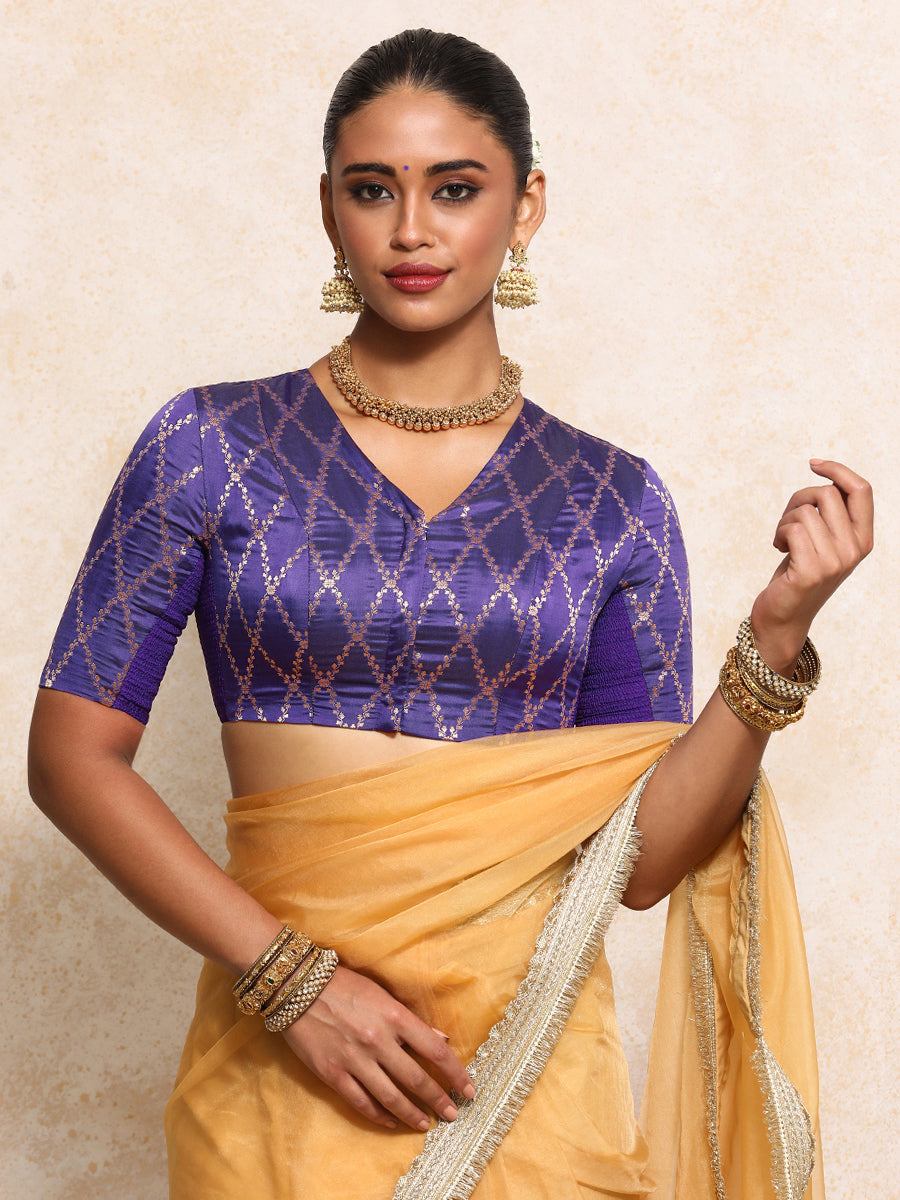 Manisha x Tyohaar Saree Blouse, in Purple Viscose Silk Brocade, featuring elbow sleeves and v-neckline (view 6).