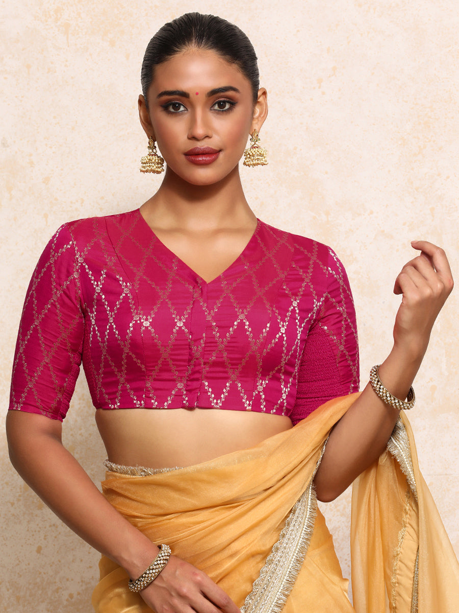 Manisha x Tyohaar Saree Blouse, in Pink Viscose Silk Brocade, featuring elbow sleeves and v-neckline (view 3).