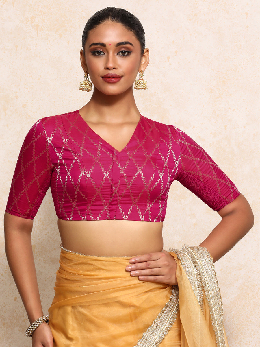 Manisha x Tyohaar Saree Blouse, in Pink Viscose Silk Brocade, featuring elbow sleeves and v-neckline (view 7).