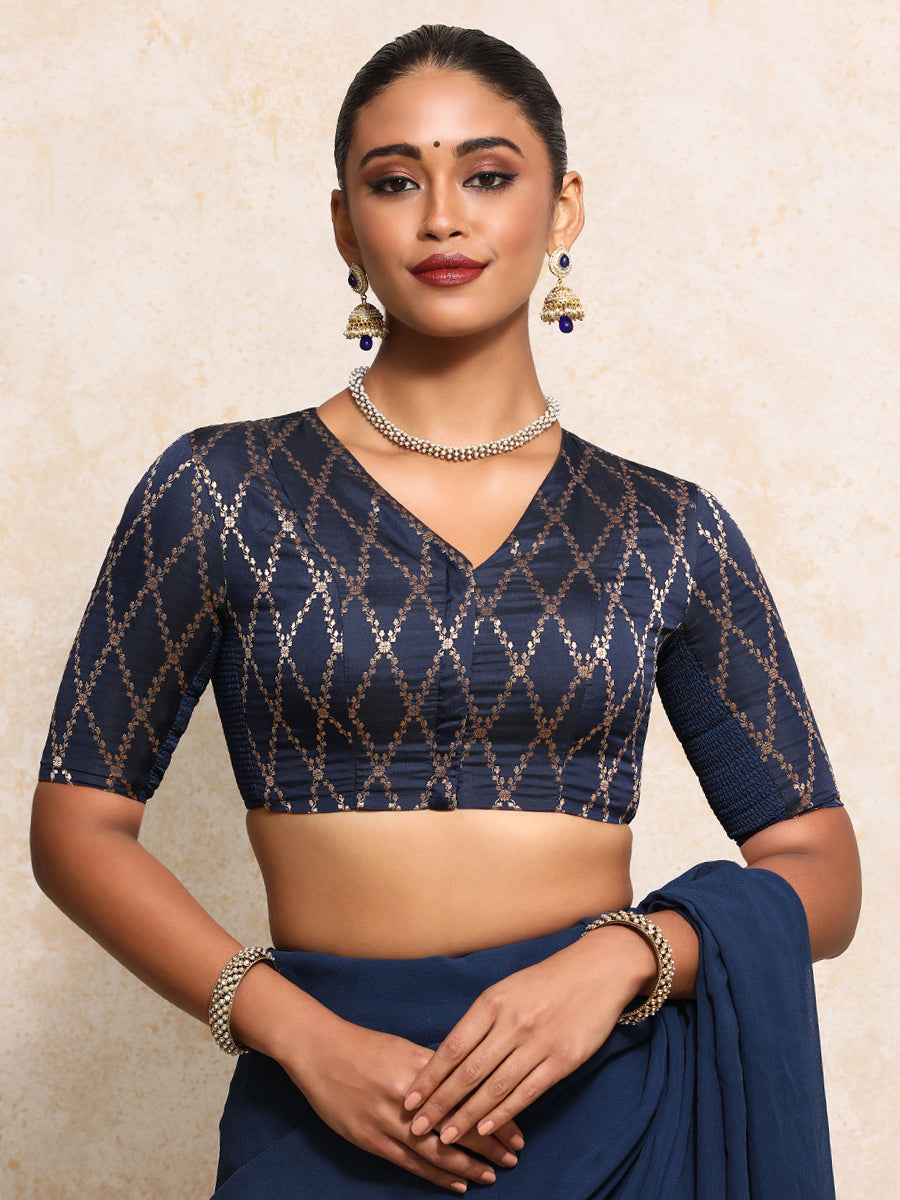 Manisha x Tyohaar Saree Blouse, in Blue Viscose Silk Brocade, featuring elbow sleeves and v-neckline (view 6).