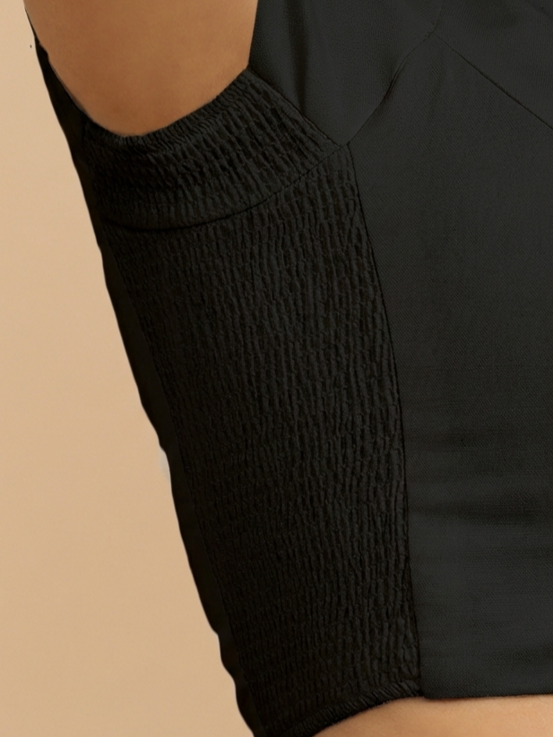 Mansi x Rozaana Saree Blouse, in Black 100% Cotton, featuring short sleeves and sweetheart neckline, made for daily & work.