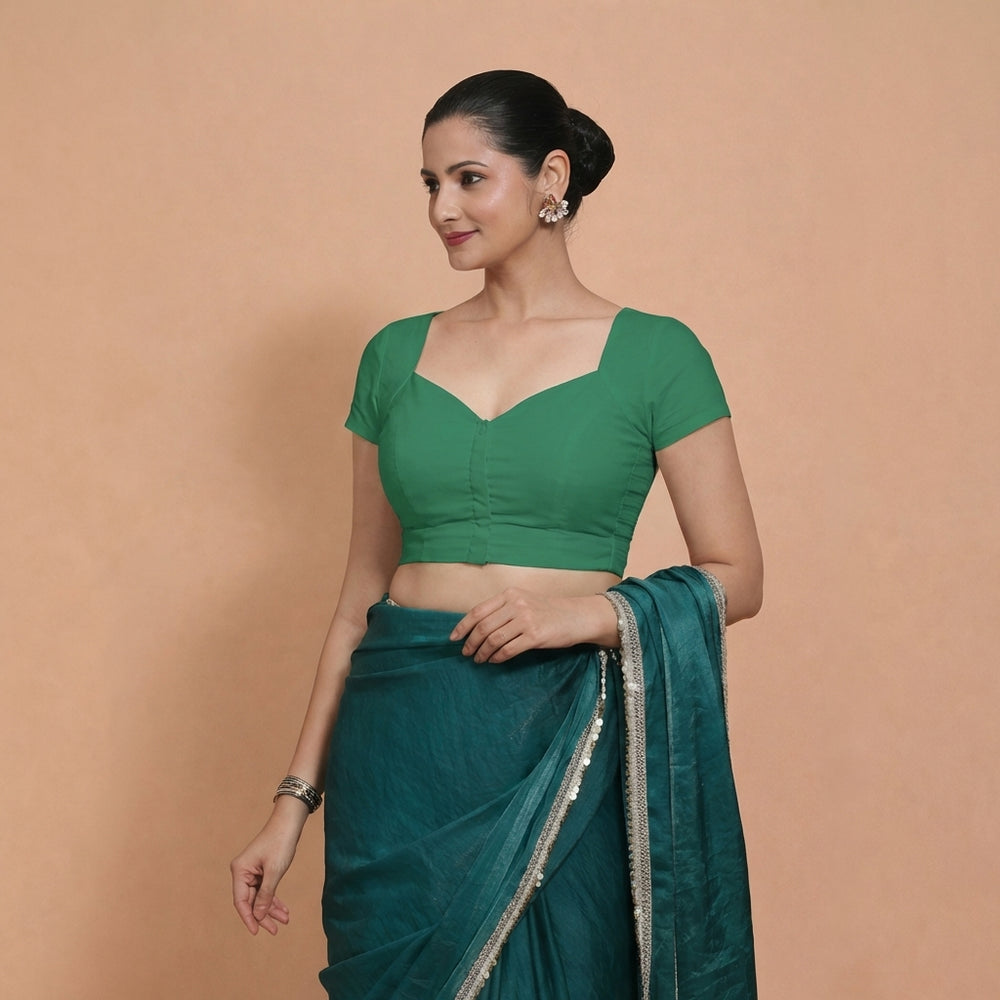 Mansi x Rozaana | Short Sleeves Castleton Green Cotton Saree Blouse