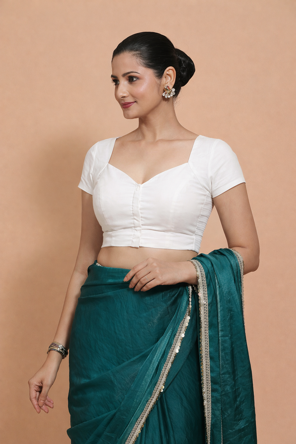 Mansi x Rozaana Saree Blouse, in White 100% Cotton, featuring short sleeves and sweetheart neckline, made for daily & work.