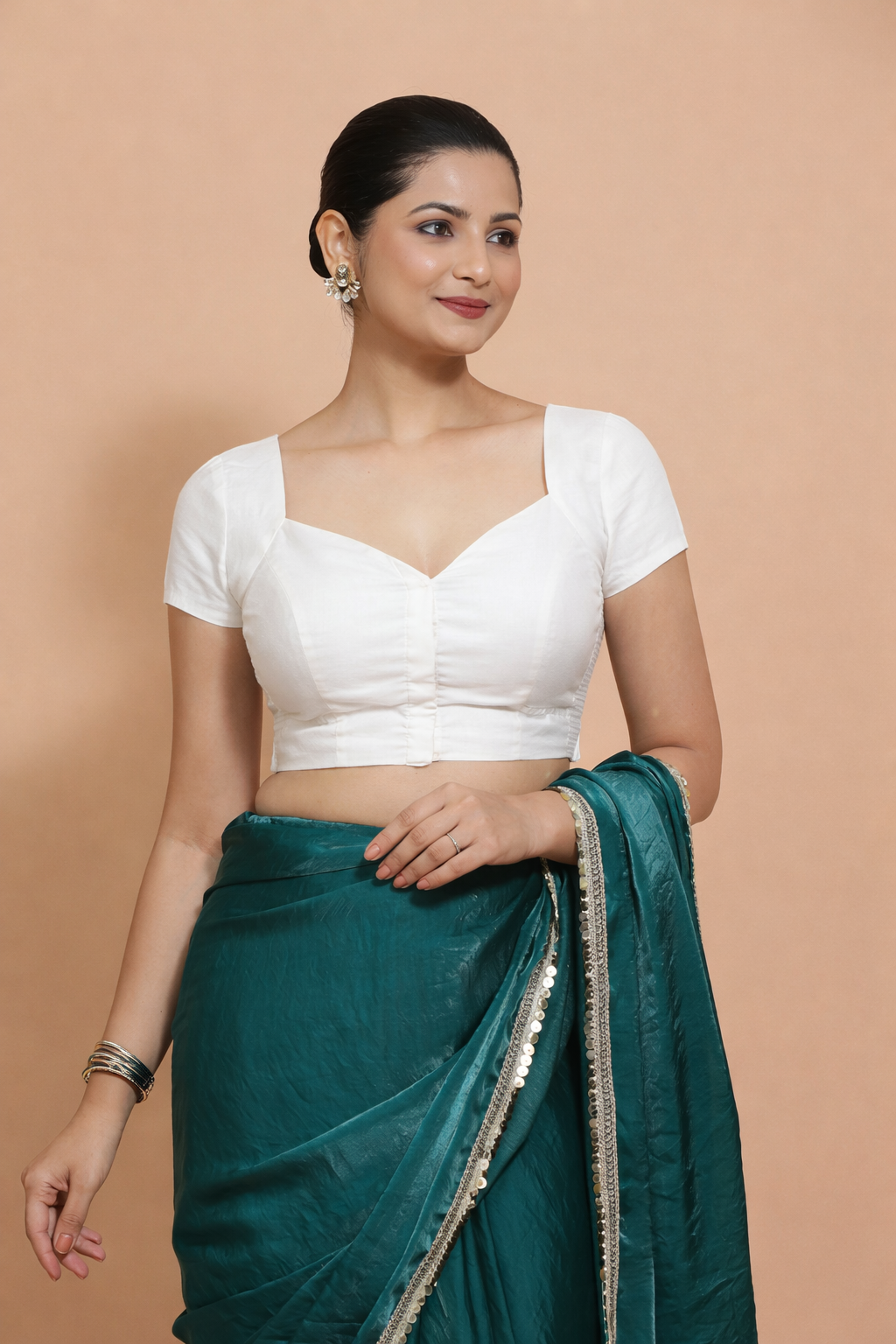 Mansi x Rozaana Saree Blouse, in White 100% Cotton, featuring short sleeves and sweetheart neckline, made for daily & work.