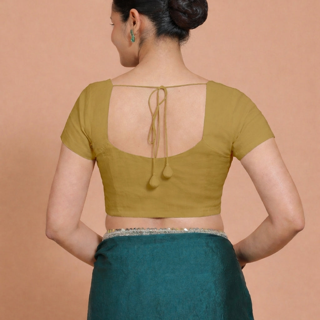 Mansi x Rozaana Saree Blouse, in Yellow 100% Cotton, featuring short sleeves and sweetheart neckline, made for daily & work.