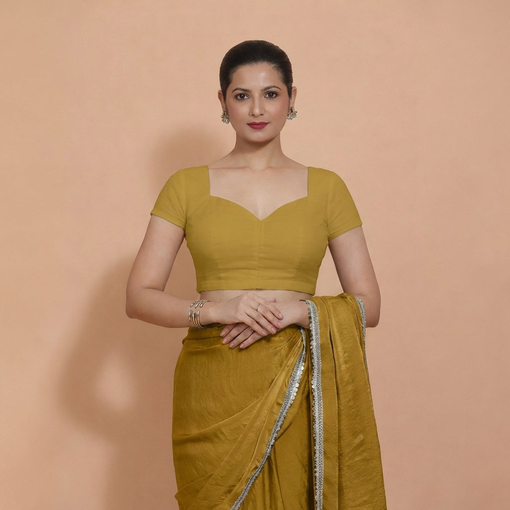 Mansi x Rozaana Saree Blouse, in Yellow 100% Cotton, featuring short sleeves and sweetheart neckline, made for daily & work.