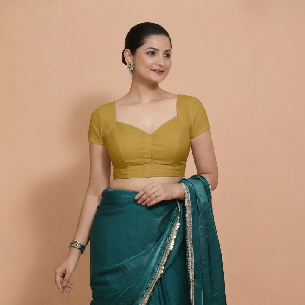 Mansi x Rozaana Saree Blouse, in Yellow 100% Cotton, featuring short sleeves and sweetheart neckline, made for daily & work.