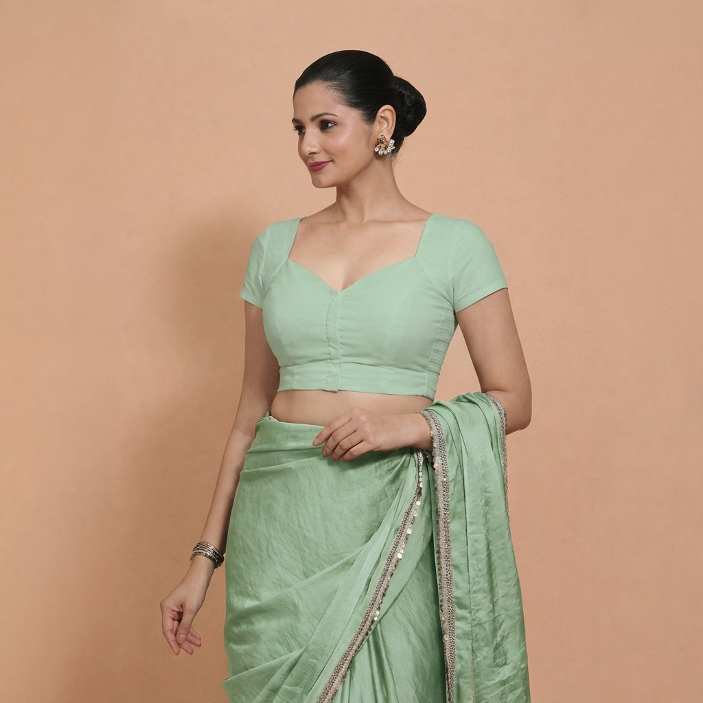Mansi x Rozaana Saree Blouse, in Green 100% Cotton, featuring short sleeves and sweetheart neckline, made for daily & work.