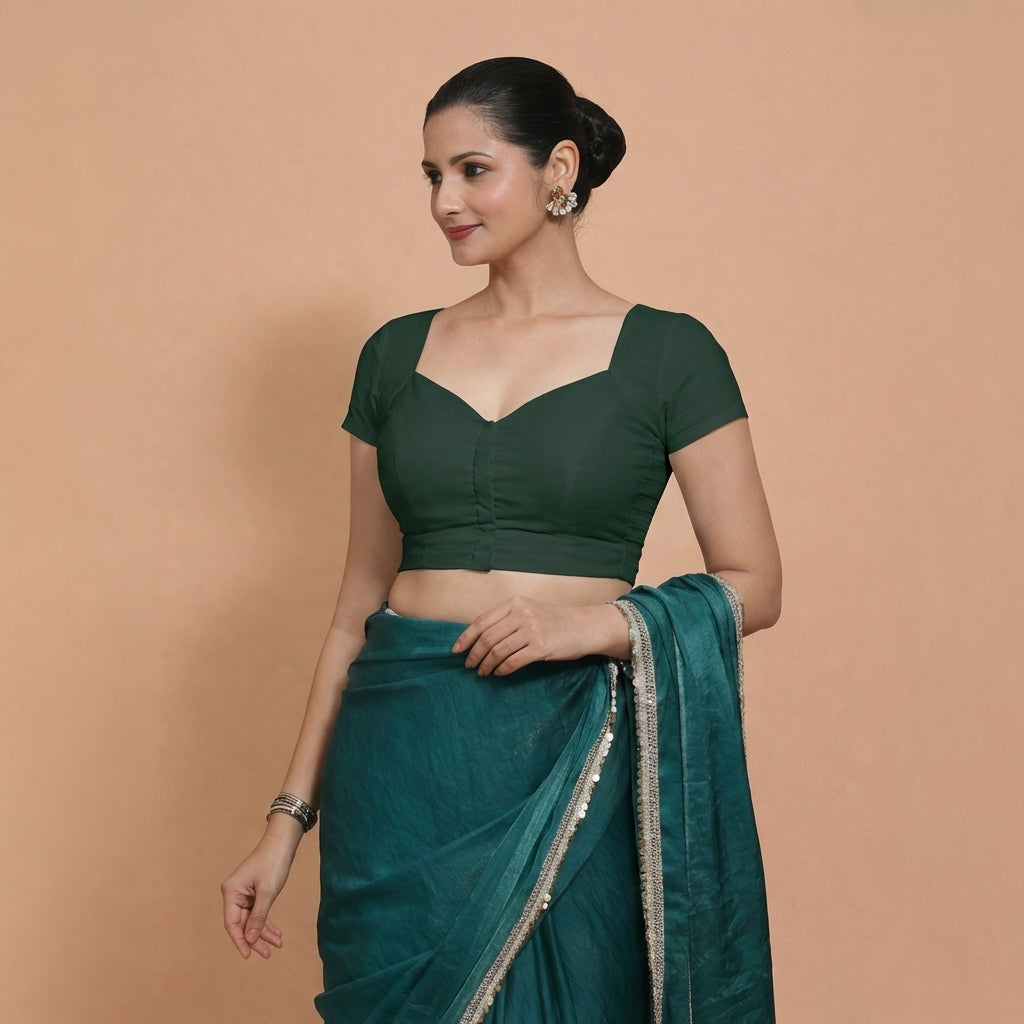 Mansi x Rozaana Saree Blouse, in Green 100% Cotton, featuring short sleeves and sweetheart neckline, made for daily & work.