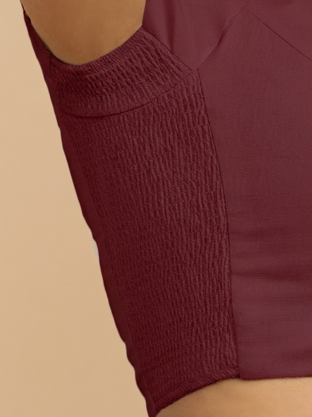 Mansi x Rozaana Saree Blouse, in Maroon 100% Cotton, featuring short sleeves and sweetheart neckline, made for daily & work.
