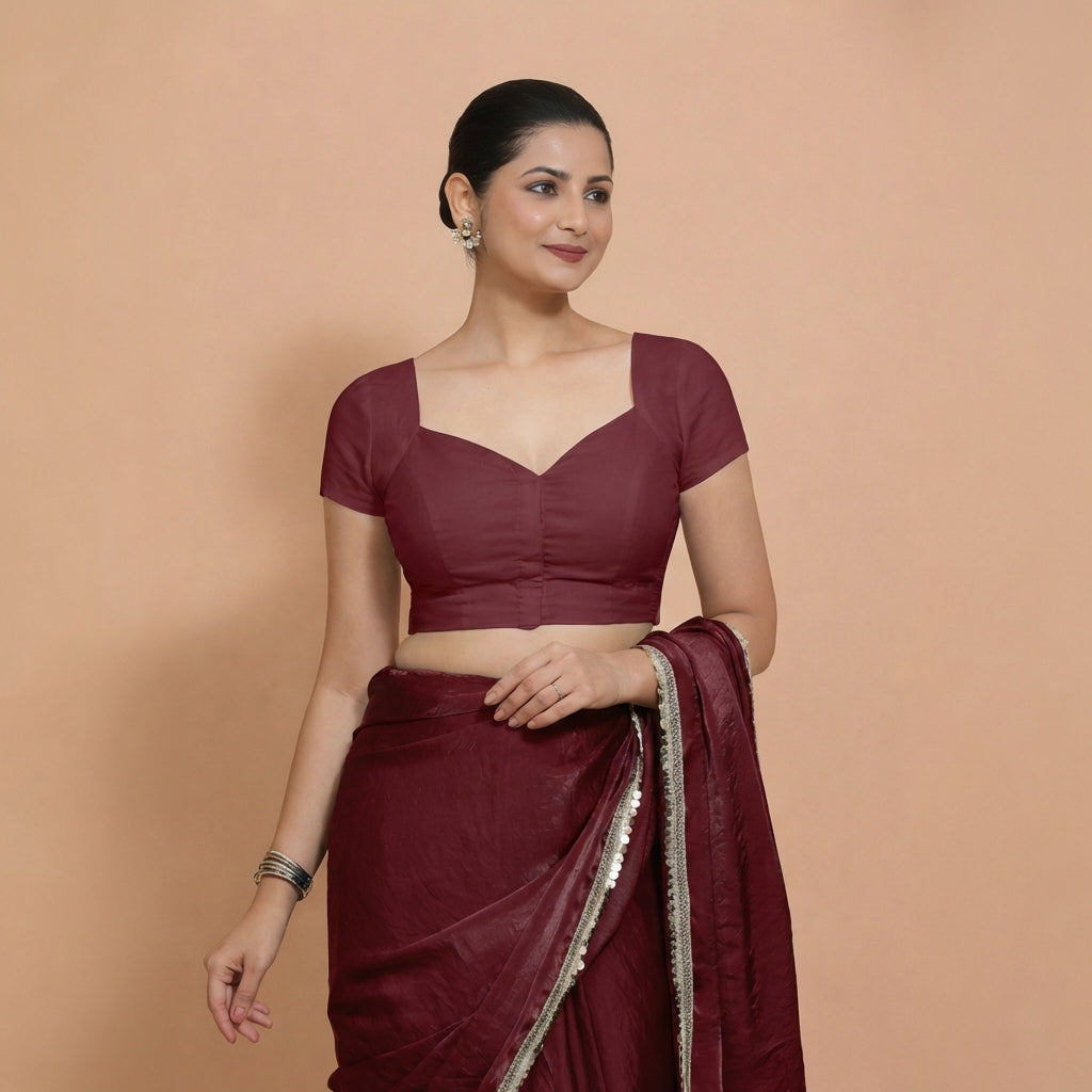 Mansi x Rozaana Saree Blouse, in Maroon 100% Cotton, featuring short sleeves and sweetheart neckline, made for daily & work.