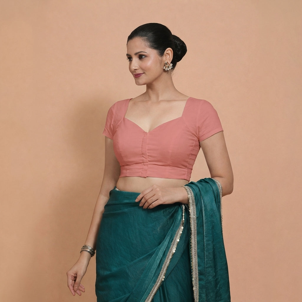 Mansi x Rozaana Saree Blouse, in Peach 100% Cotton, featuring short sleeves and sweetheart neckline, made for daily & work.
